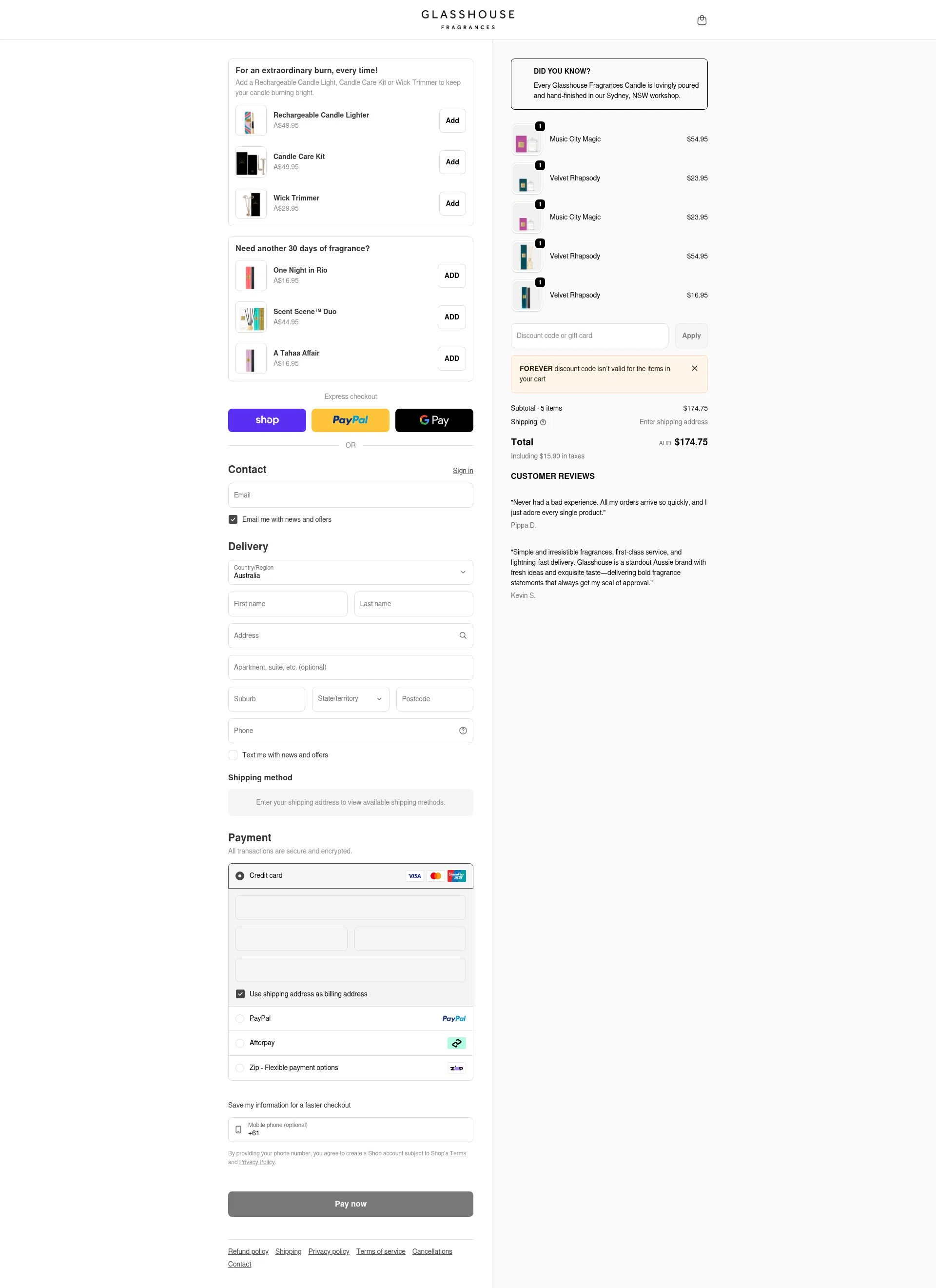 Glasshouse Fragrances checkout page showing Glasshouse Fragrances promo code box | Screenshot taken by SimplyCodes community member on Feb 24, 2026