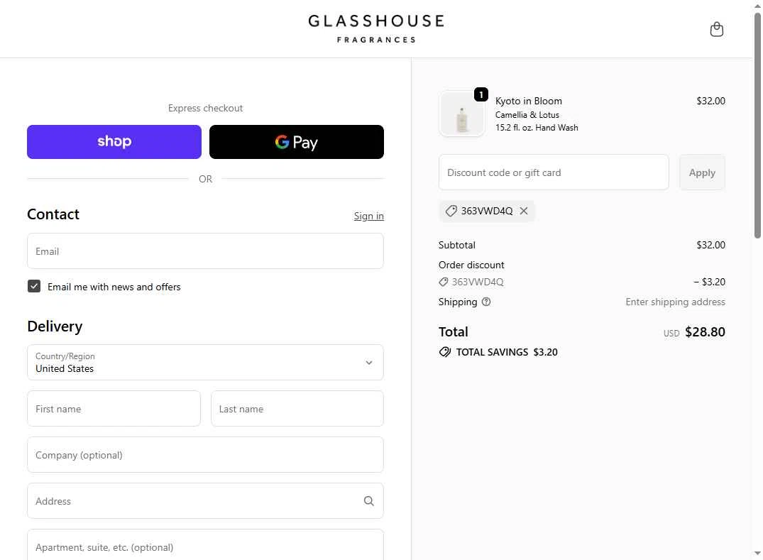 Glasshouse Fragrances checkout page showing Glasshouse Fragrances promo code box | Screenshot taken by SimplyCodes community member on Feb 21, 2026