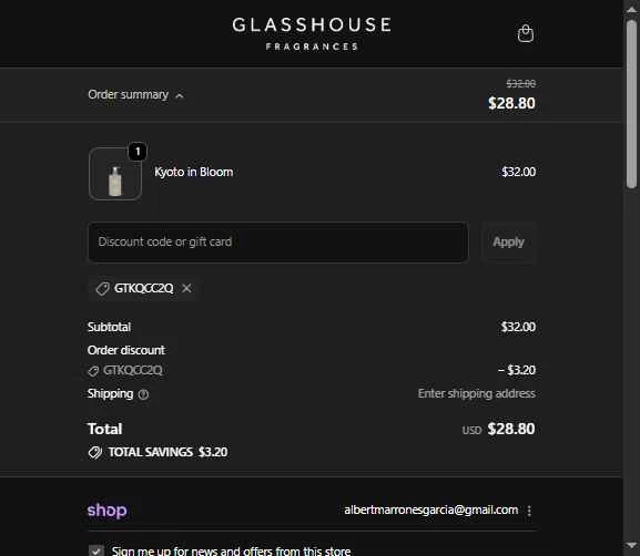 Glasshouse Fragrances checkout page showing Glasshouse Fragrances promo code box | Screenshot taken by SimplyCodes community member on Feb 16, 2026
