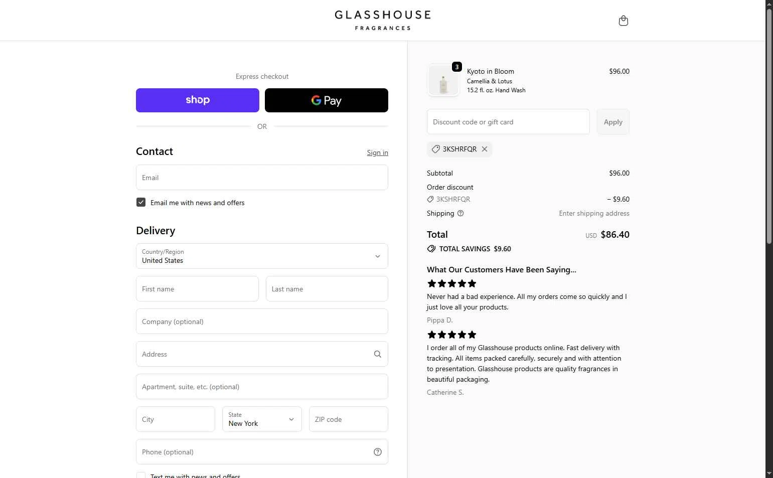 Glasshouse Fragrances checkout page showing Glasshouse Fragrances promo code box | Screenshot taken by SimplyCodes community member on Feb 16, 2026