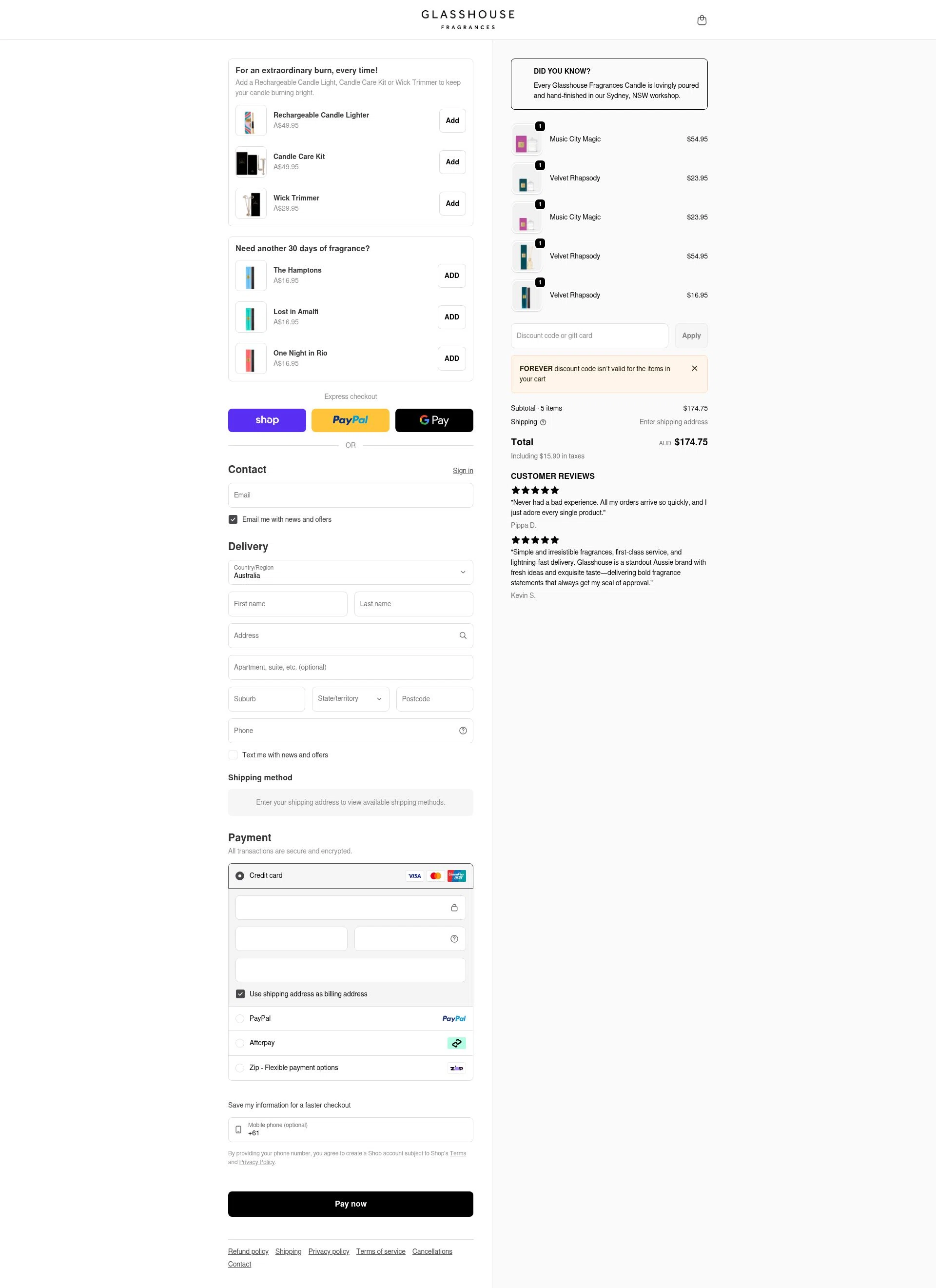 Glasshouse Fragrances checkout page showing Glasshouse Fragrances promo code box | Screenshot taken by SimplyCodes community member on Feb 20, 2026