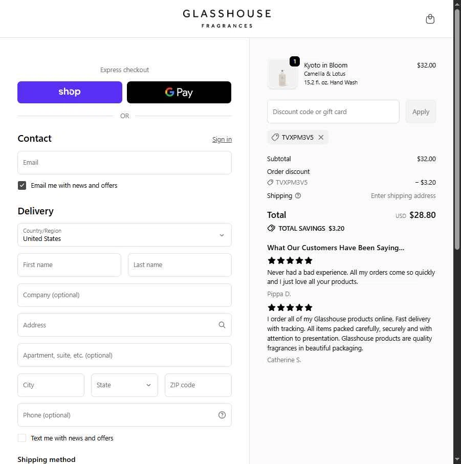 Glasshouse Fragrances checkout page showing Glasshouse Fragrances promo code box | Screenshot taken by SimplyCodes community member on Feb 13, 2026