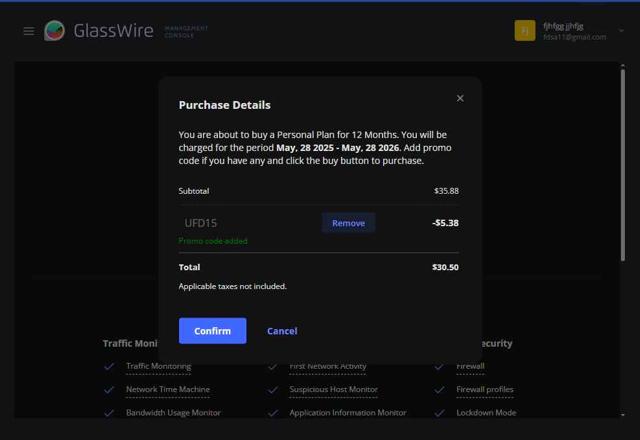 GlassWire checkout page showing GlassWire discount code box | Screenshot taken by SimplyCodes community member on May 28, 2025