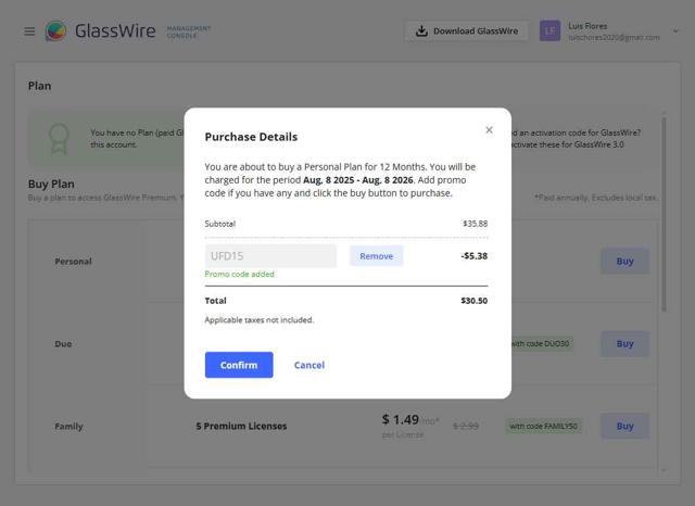 GlassWire checkout page showing GlassWire discount code box | Screenshot taken by SimplyCodes community member on Aug 8, 2025