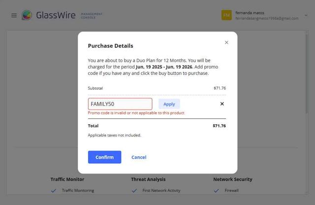 GlassWire checkout page showing GlassWire discount code box | Screenshot taken by SimplyCodes community member on Jun 19, 2025