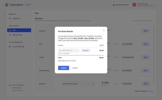 GlassWire checkout page showing GlassWire discount code box | Screenshot taken by SimplyCodes community member on May 28, 2025