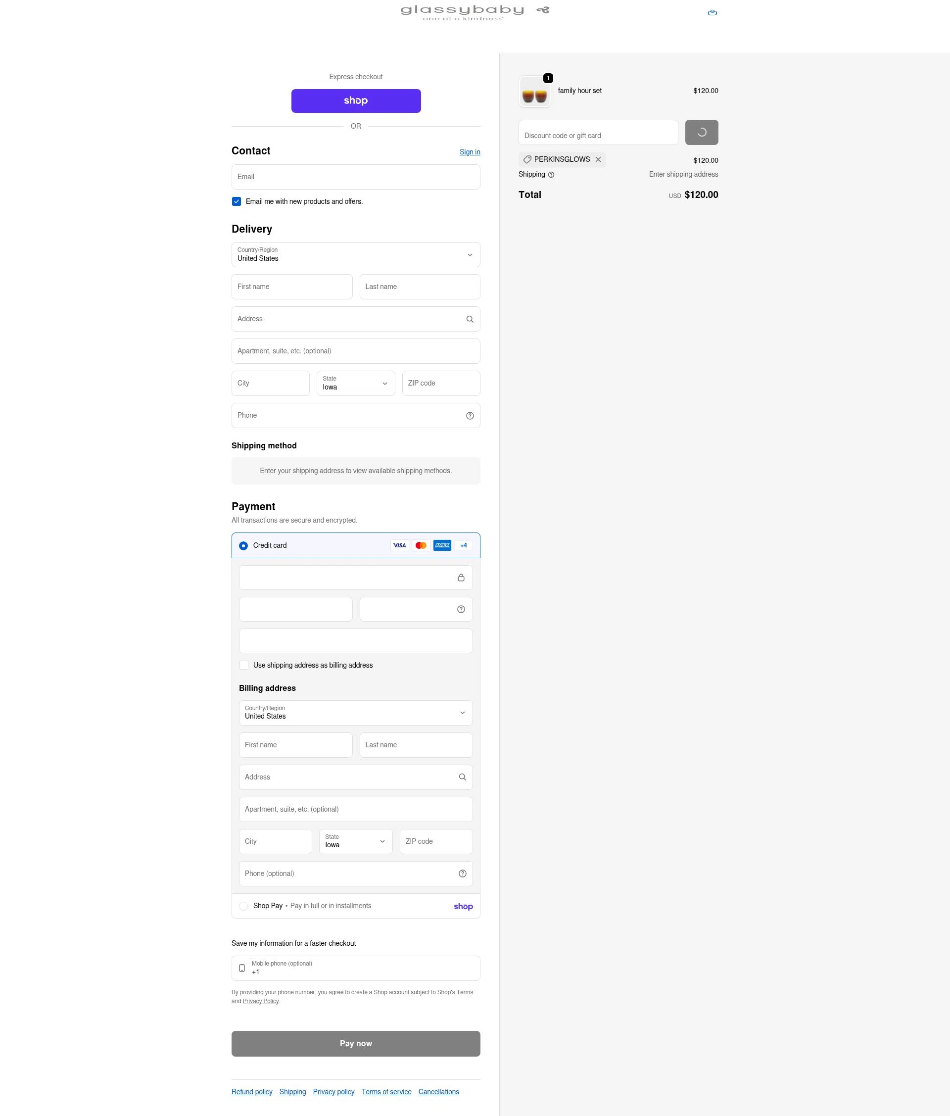 Glassybaby checkout page showing Glassybaby discount code box | Screenshot taken by SimplyCodes community member on Feb 5, 2026