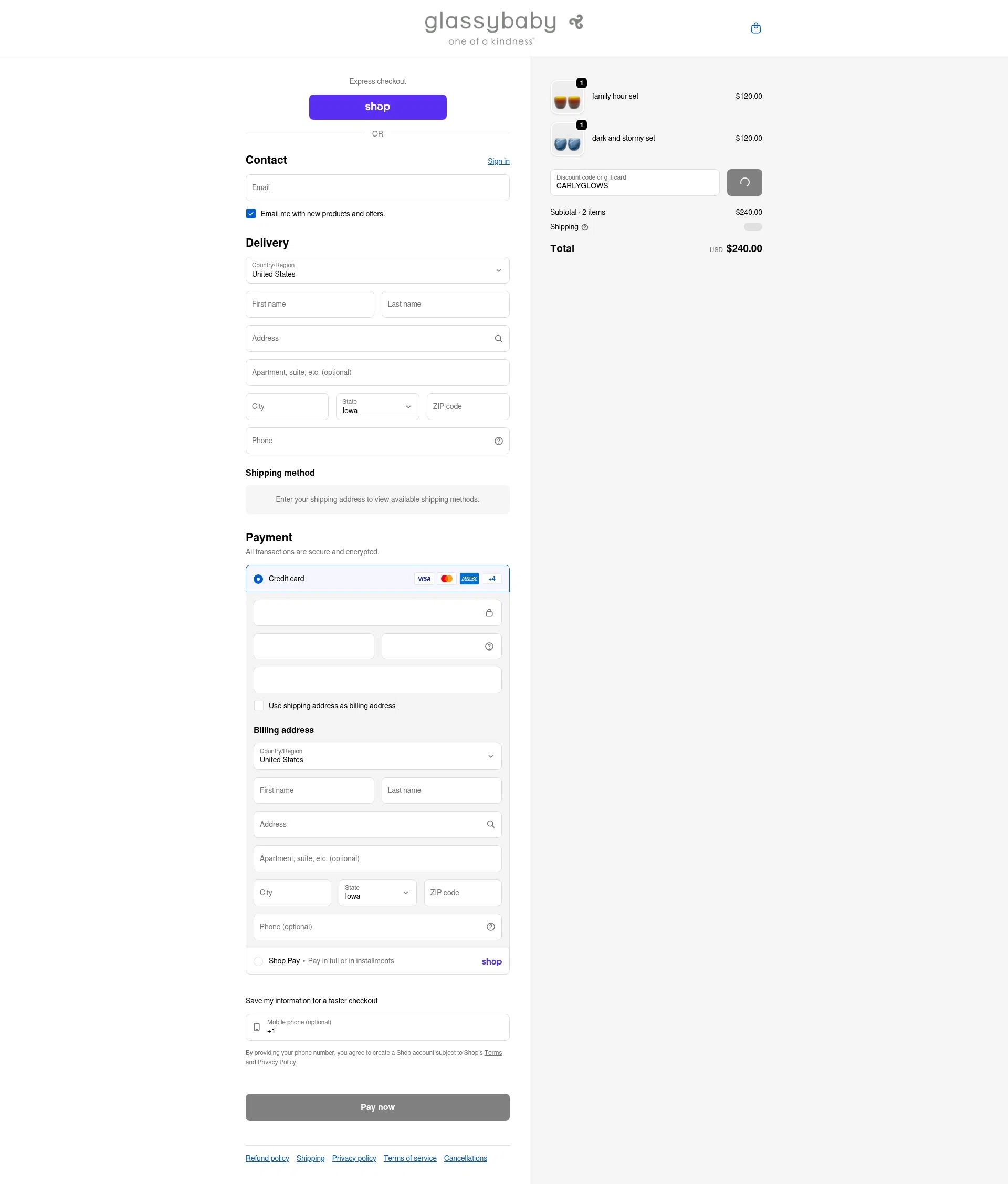 Glassybaby checkout page showing Glassybaby discount code box | Screenshot taken by SimplyCodes community member on Jan 31, 2026