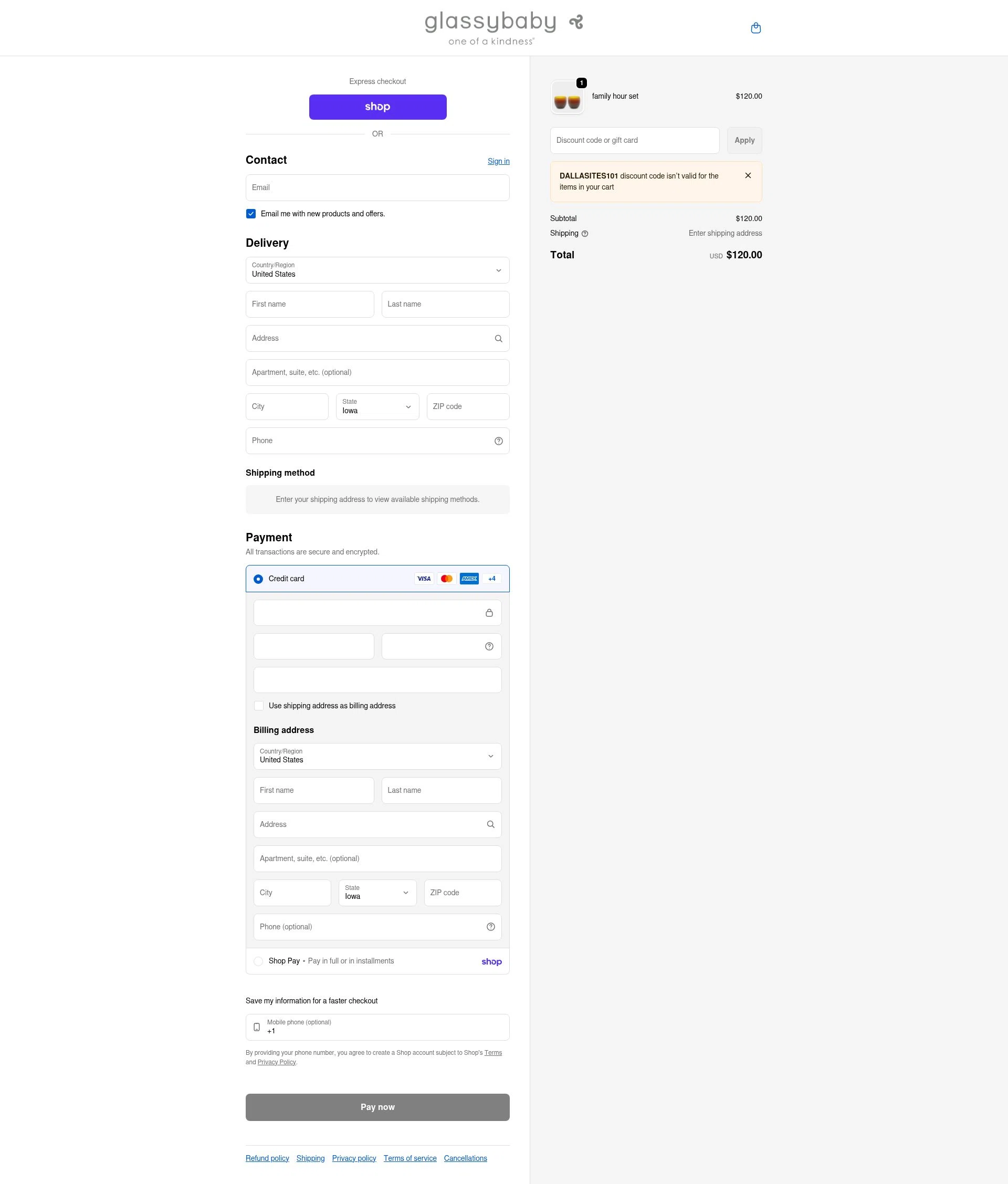 Glassybaby checkout page showing Glassybaby discount code box | Screenshot taken by SimplyCodes community member on Feb 5, 2026