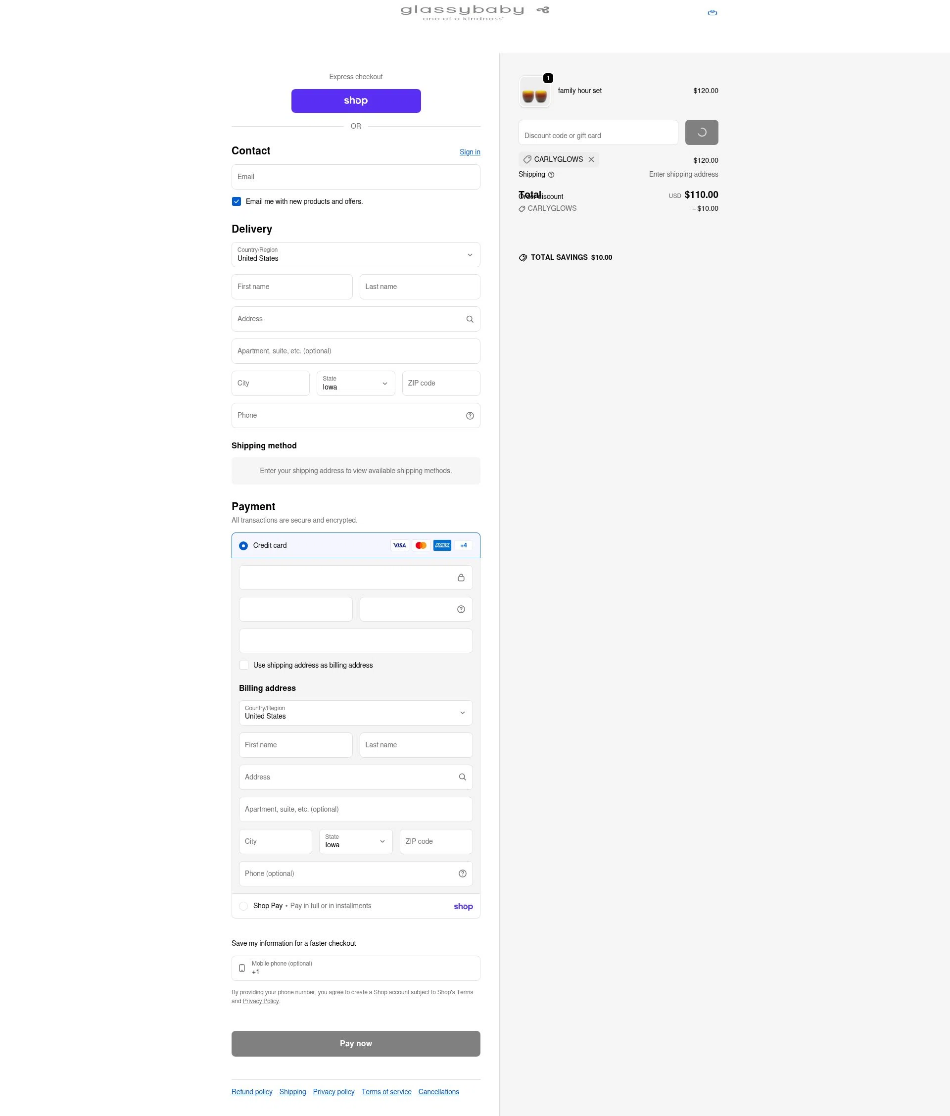 Glassybaby checkout page showing Glassybaby discount code box | Screenshot taken by SimplyCodes community member on Feb 5, 2026