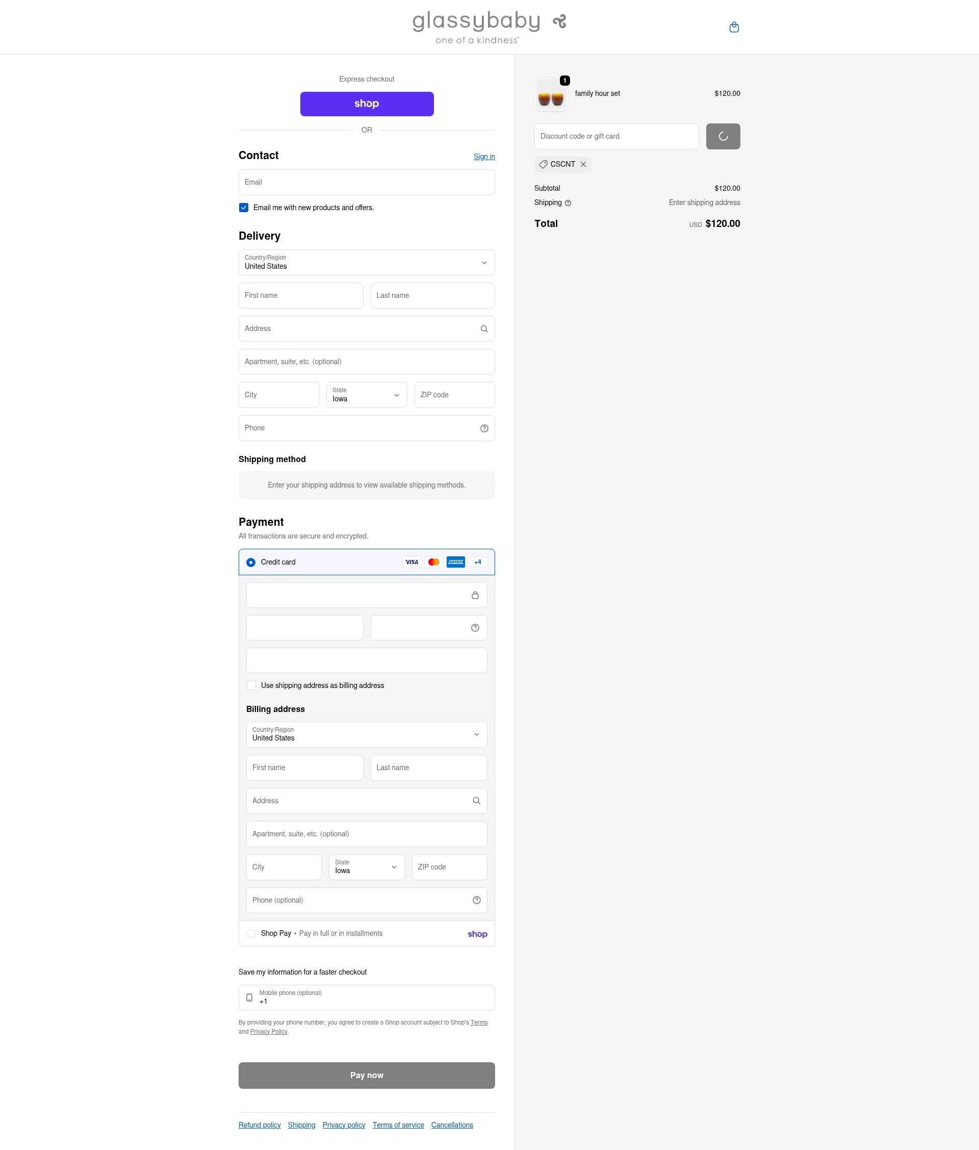 Glassybaby checkout page showing Glassybaby discount code box | Screenshot taken by SimplyCodes community member on Feb 5, 2026