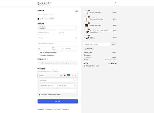 Glassy Eyewear checkout page showing Glassy Eyewear promo code box | Screenshot taken by SimplyCodes community member on Sep 8, 2025