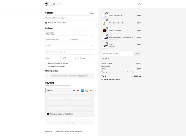 Glassy Eyewear checkout page showing Glassy Eyewear promo code box | Screenshot taken by SimplyCodes community member on Sep 8, 2025