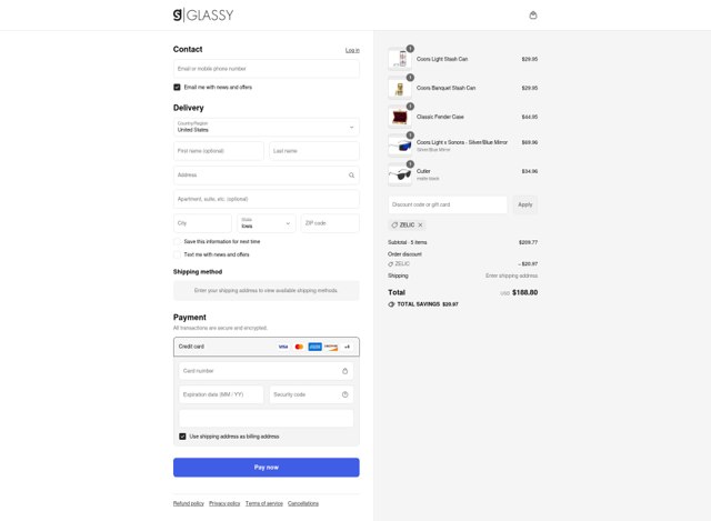 Glassy Eyewear checkout page showing Glassy Eyewear promo code box | Screenshot taken by SimplyCodes community member on Sep 8, 2025
