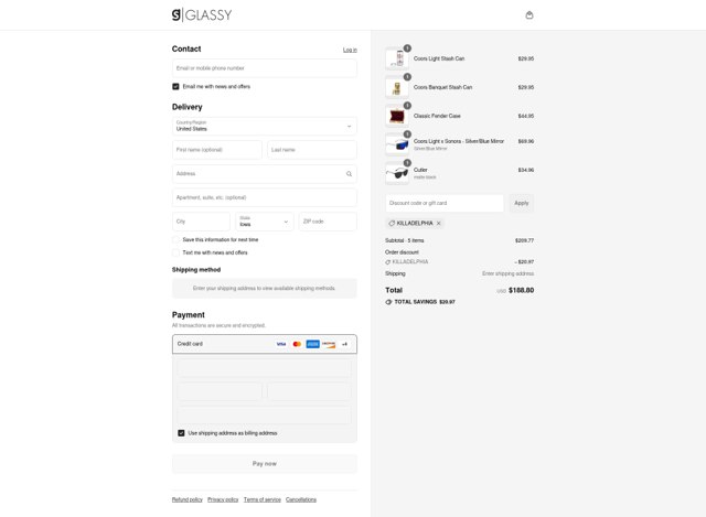Glassy Eyewear checkout page showing Glassy Eyewear promo code box | Screenshot taken by SimplyCodes community member on Sep 8, 2025