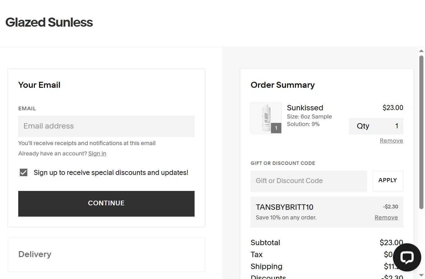 Glazed Sunless checkout page showing Glazed Sunless discount code box | Screenshot taken by SimplyCodes community member on Aug 19, 2025