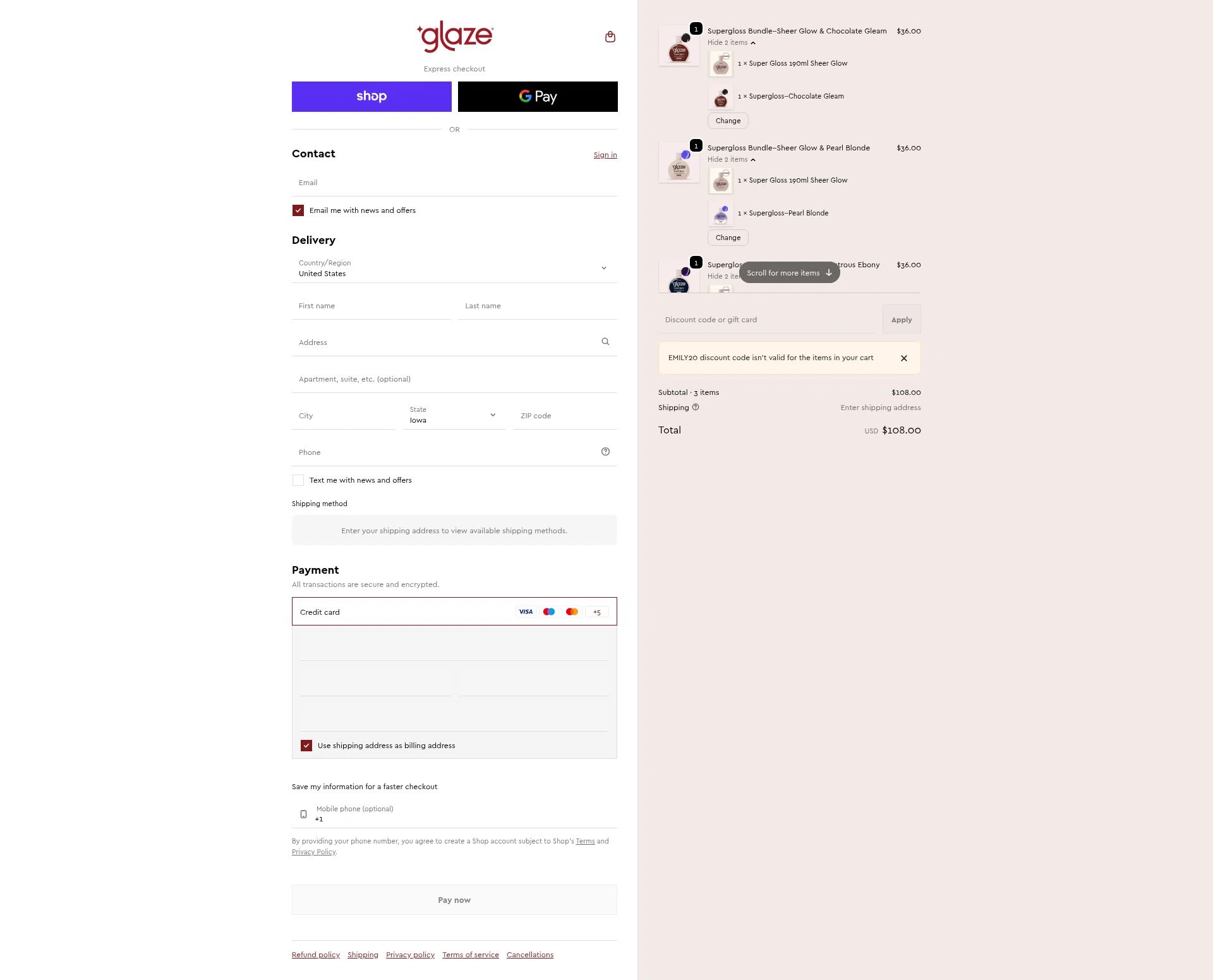 Glaze Hair checkout page showing Glaze Hair promo code box | Screenshot taken by SimplyCodes community member on Feb 18, 2026
