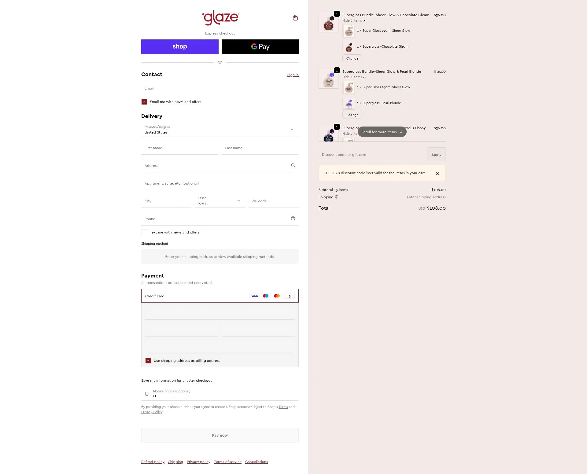 Glaze Hair checkout page showing Glaze Hair promo code box | Screenshot taken by SimplyCodes community member on Feb 18, 2026