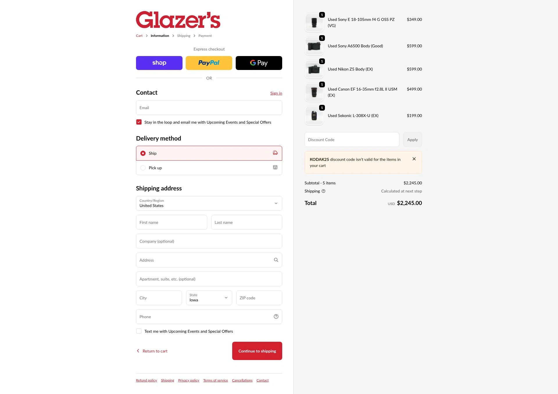 Glazer's Camera checkout page showing Glazer's Camera promo code box | Screenshot taken by SimplyCodes community member on Dec 27, 2025