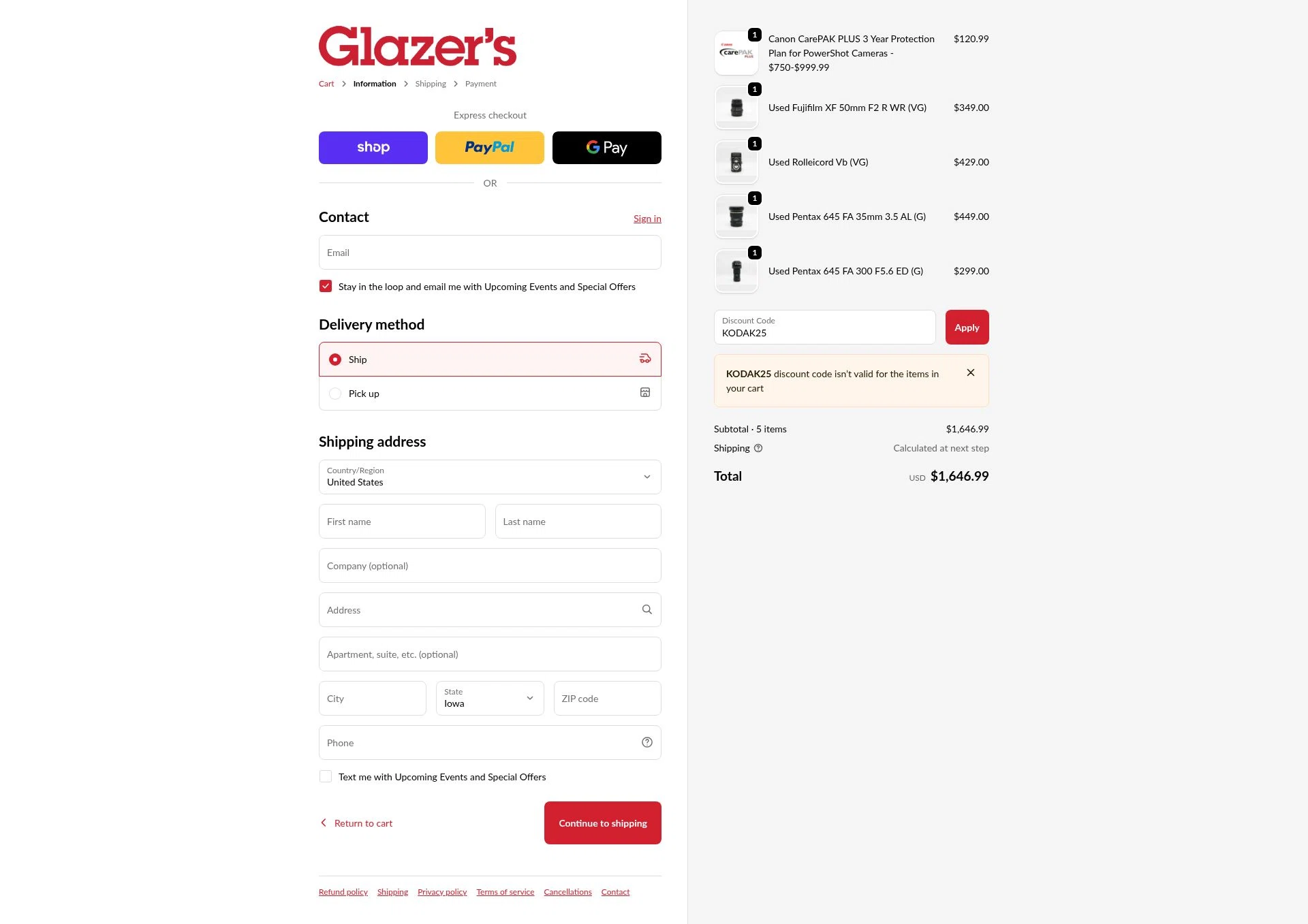 Glazer's Camera checkout page showing Glazer's Camera promo code box | Screenshot taken by SimplyCodes community member on Dec 15, 2025