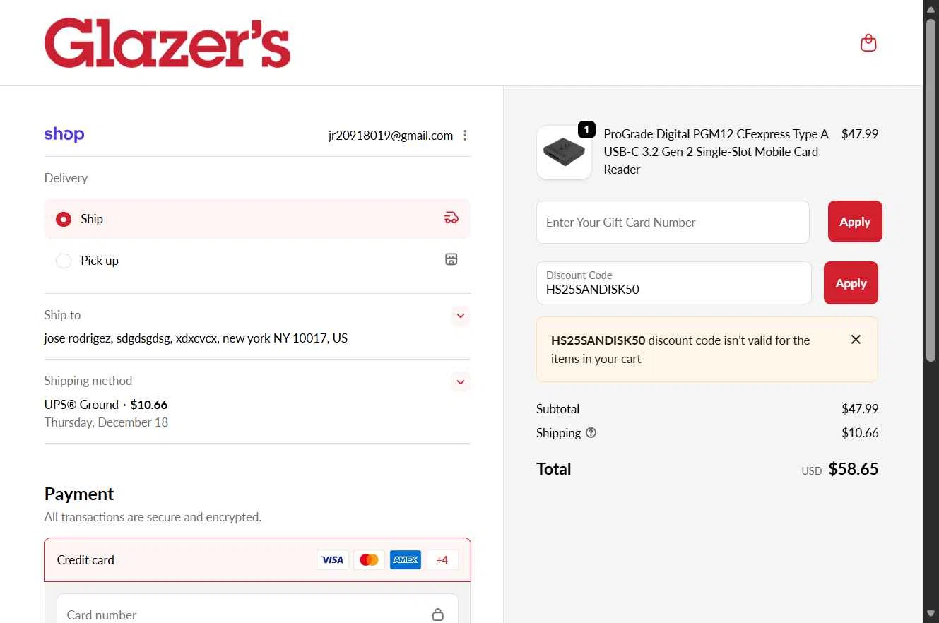 Glazer's Camera checkout page showing Glazer's Camera promo code box | Screenshot taken by SimplyCodes community member on Dec 12, 2025