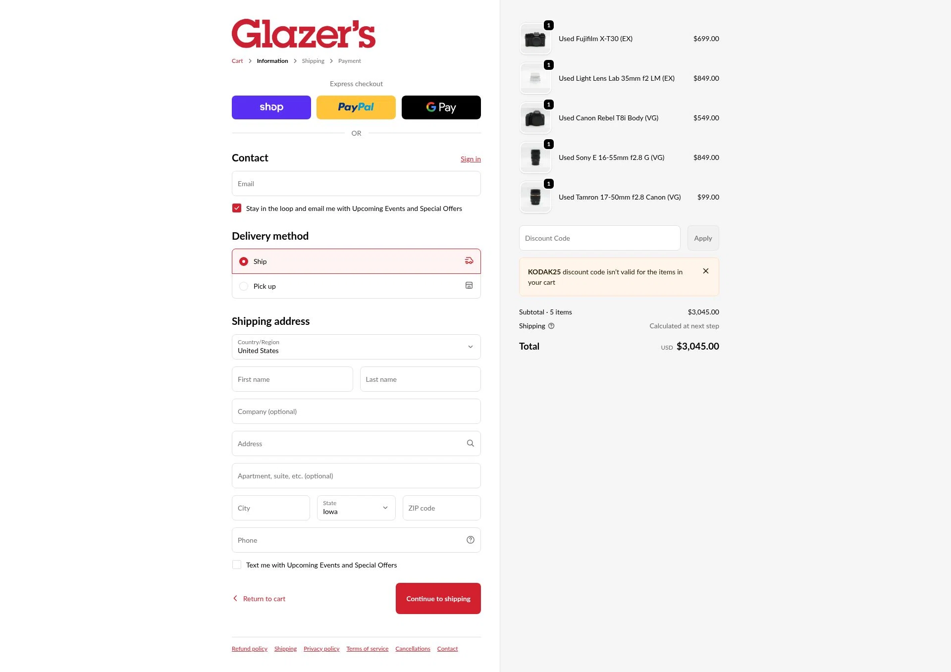 Glazer's Camera checkout page showing Glazer's Camera promo code box | Screenshot taken by SimplyCodes community member on Jan 1, 2026