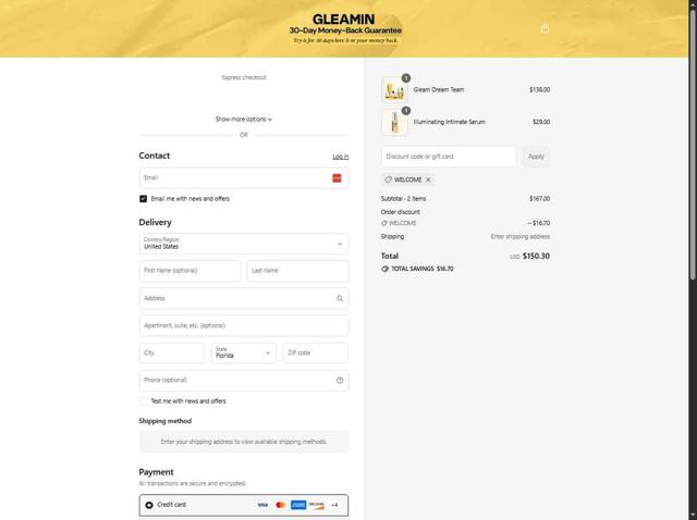 Gleamin checkout page showing Gleamin discount code box | Screenshot taken by SimplyCodes community member on Sep 6, 2025