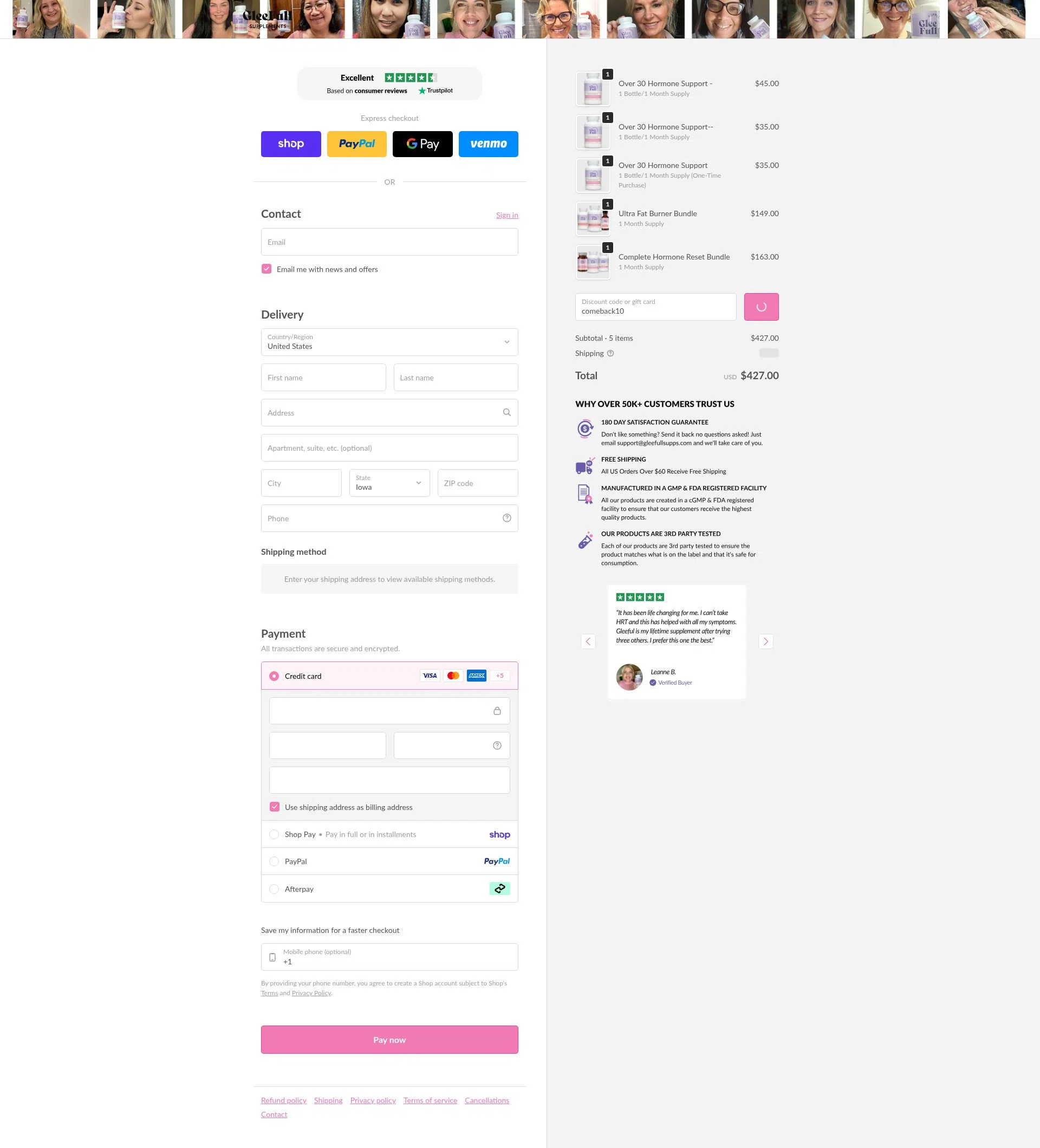 GleeFull checkout page showing GleeFull promo code box | Screenshot taken by SimplyCodes community member on Feb 9, 2026