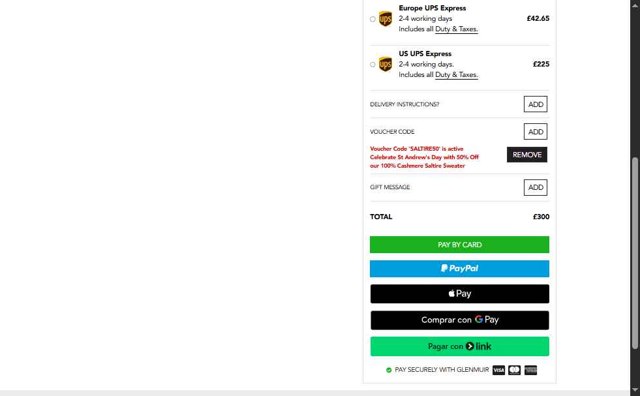 Glenmuir checkout page showing Glenmuir promo code box | Screenshot taken by SimplyCodes community member on May 30, 2025