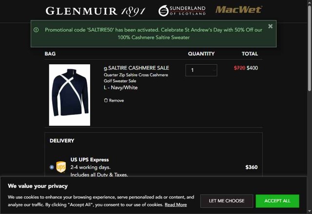 Glenmuir checkout page showing Glenmuir promo code box | Screenshot taken by SimplyCodes community member on May 5, 2025