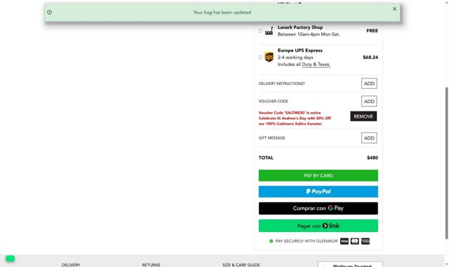 Glenmuir checkout page showing Glenmuir promo code box | Screenshot taken by SimplyCodes community member on Aug 4, 2025