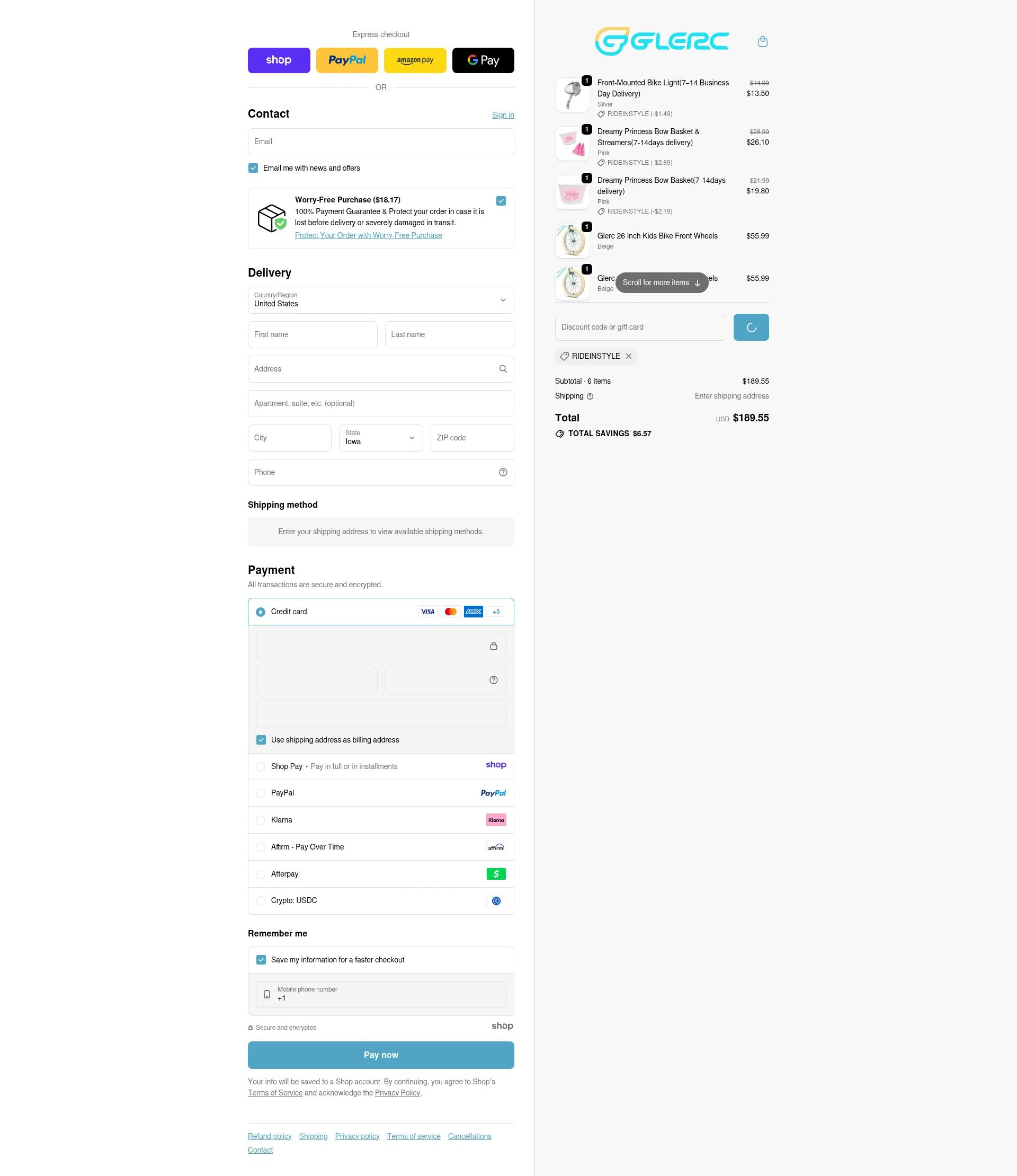 Glerc Kids Bike checkout page showing Glerc Kids Bike promo code box | Screenshot taken by SimplyCodes community member on Jan 8, 2026