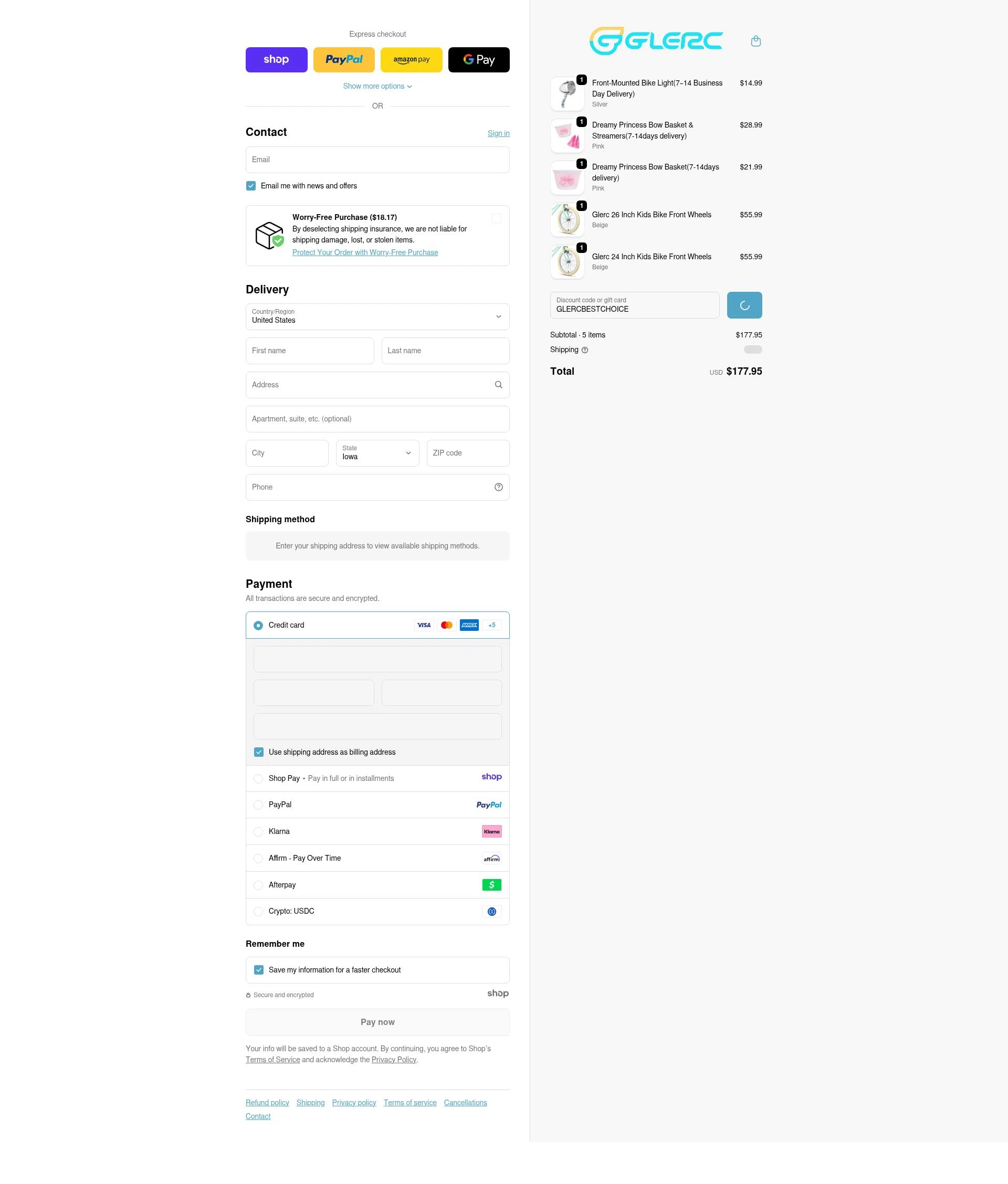 Glerc Kids Bike checkout page showing Glerc Kids Bike promo code box | Screenshot taken by SimplyCodes community member on Jan 8, 2026
