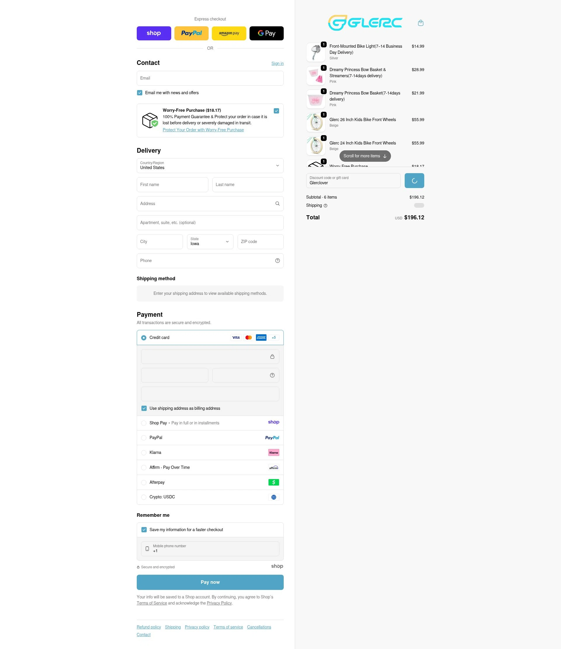 Glerc Kids Bike checkout page showing Glerc Kids Bike promo code box | Screenshot taken by SimplyCodes community member on Jan 8, 2026