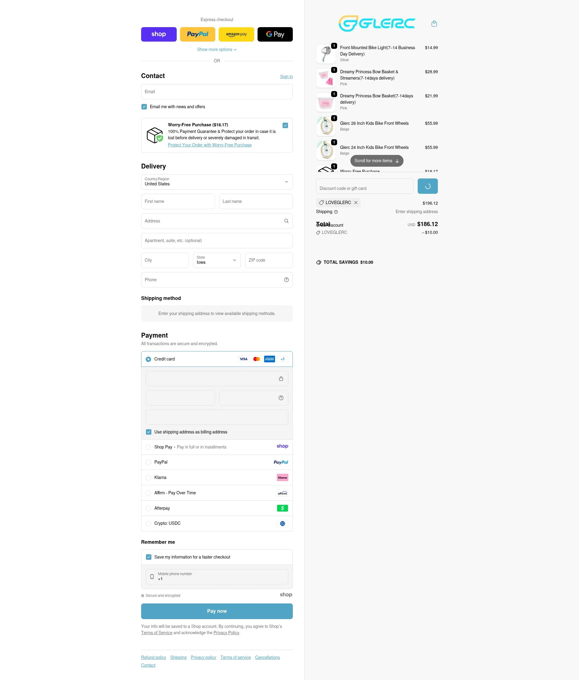 Glerc Kids Bike checkout page showing Glerc Kids Bike promo code box | Screenshot taken by SimplyCodes community member on Jan 8, 2026