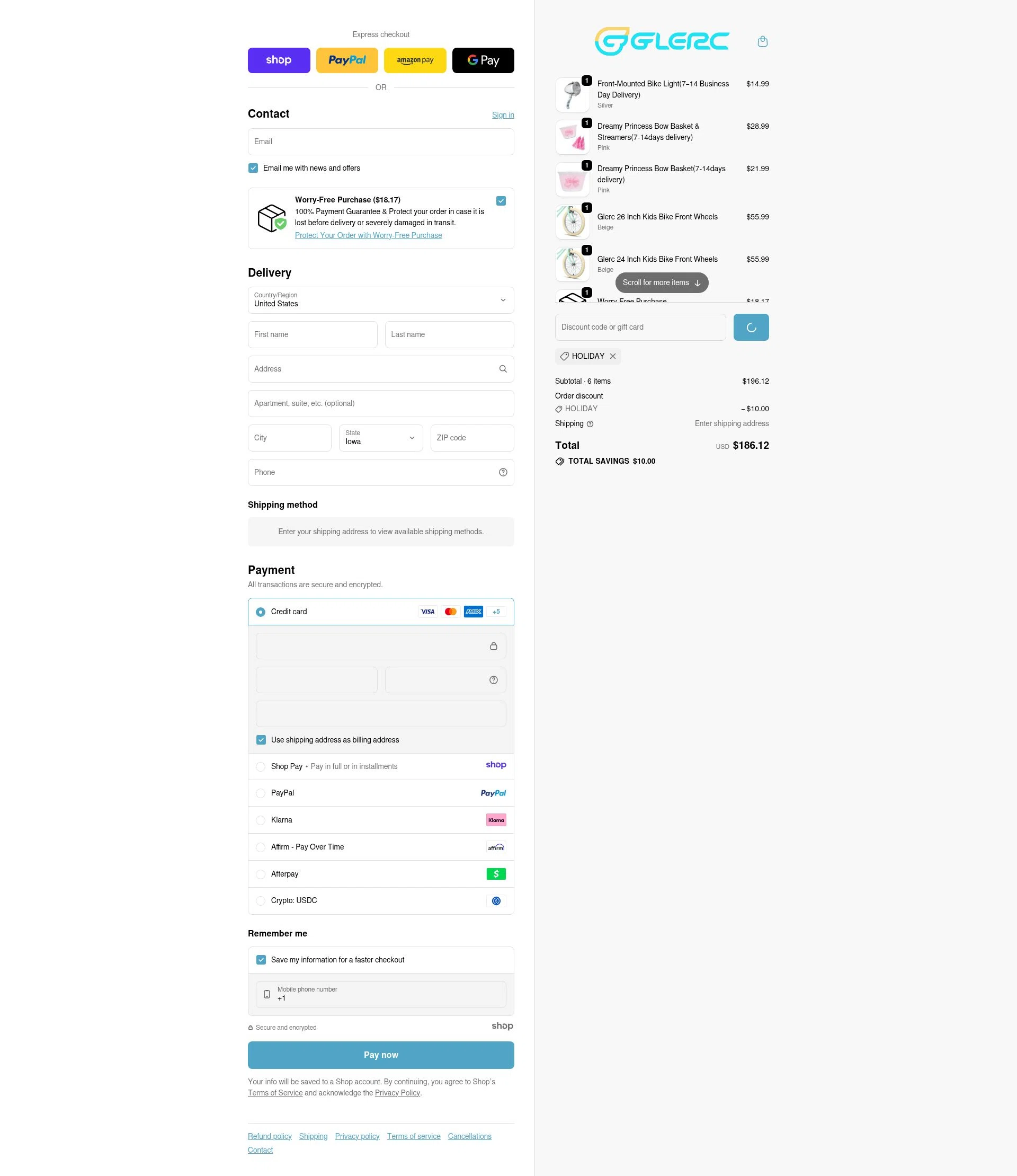Glerc Kids Bike checkout page showing Glerc Kids Bike promo code box | Screenshot taken by SimplyCodes community member on Jan 8, 2026