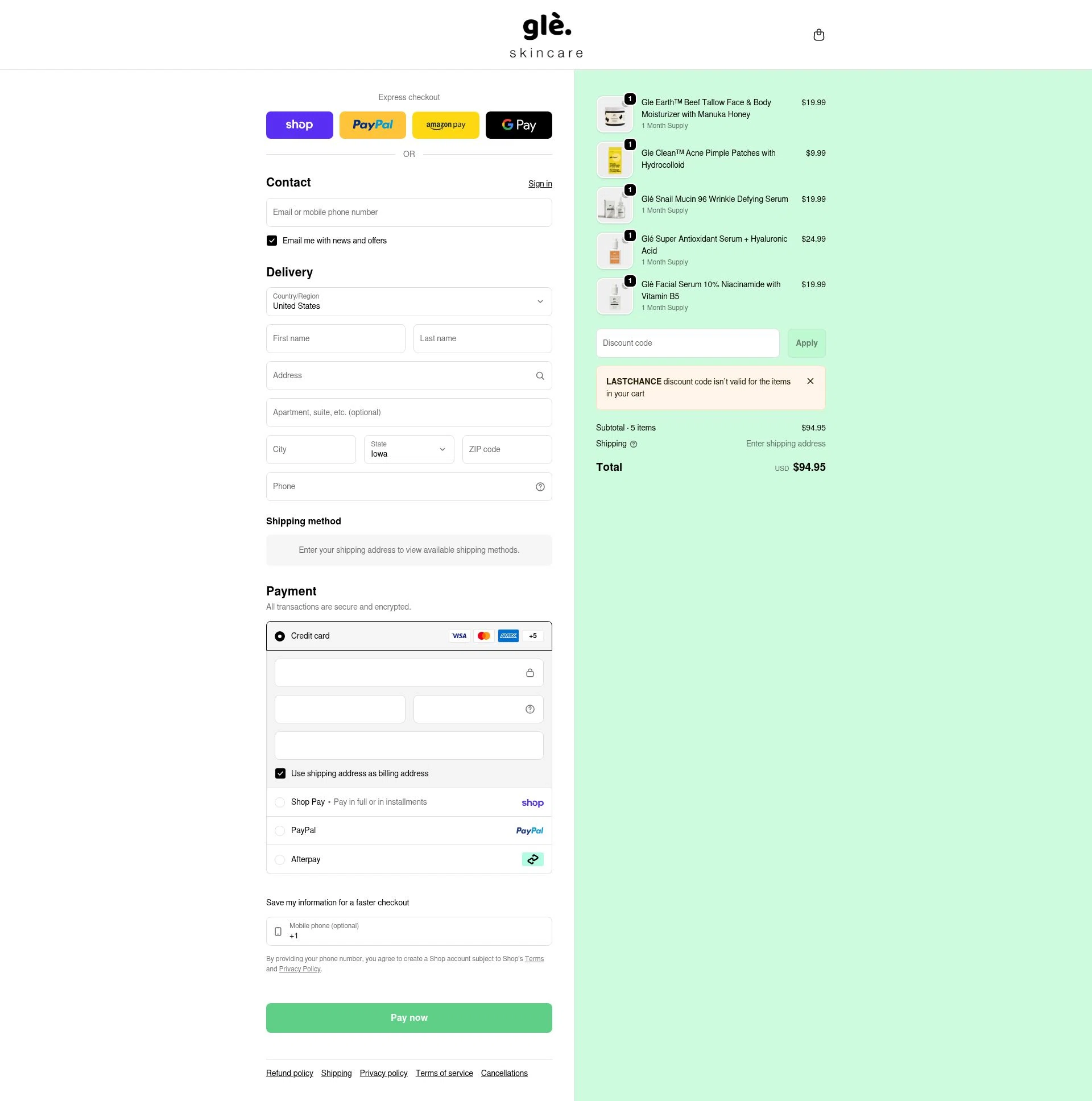 Gle Skincare checkout page showing Gle Skincare discount code box | Screenshot taken by SimplyCodes community member on Feb 20, 2026