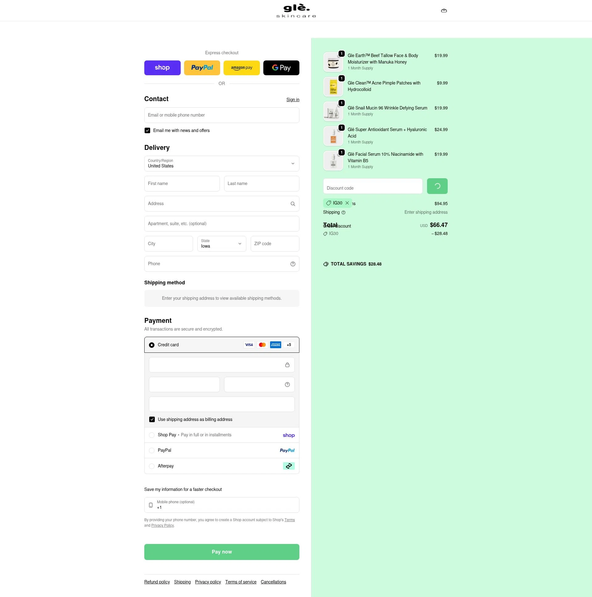 Gle Skincare checkout page showing Gle Skincare discount code box | Screenshot taken by SimplyCodes community member on Feb 21, 2026