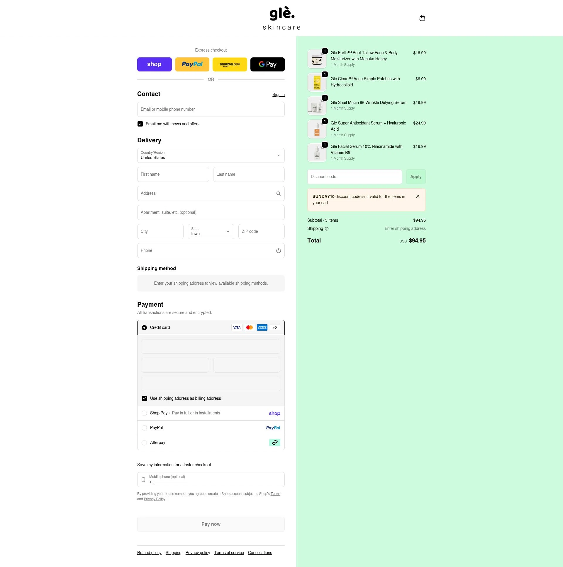 Gle Skincare checkout page showing Gle Skincare discount code box | Screenshot taken by SimplyCodes community member on Feb 21, 2026