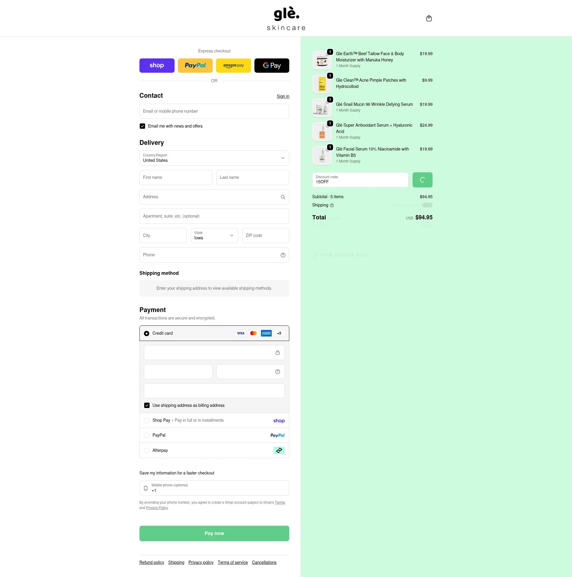 Gle Skincare checkout page showing Gle Skincare discount code box | Screenshot taken by SimplyCodes community member on Feb 20, 2026