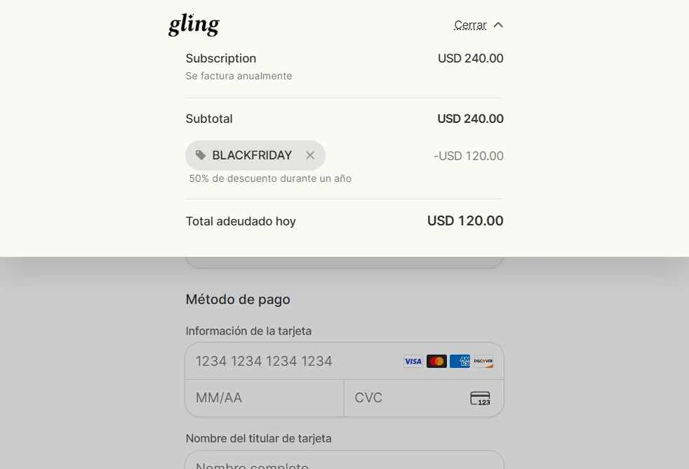 Gling checkout page showing Gling promo code box | Screenshot taken by SimplyCodes community member on Nov 28, 2025