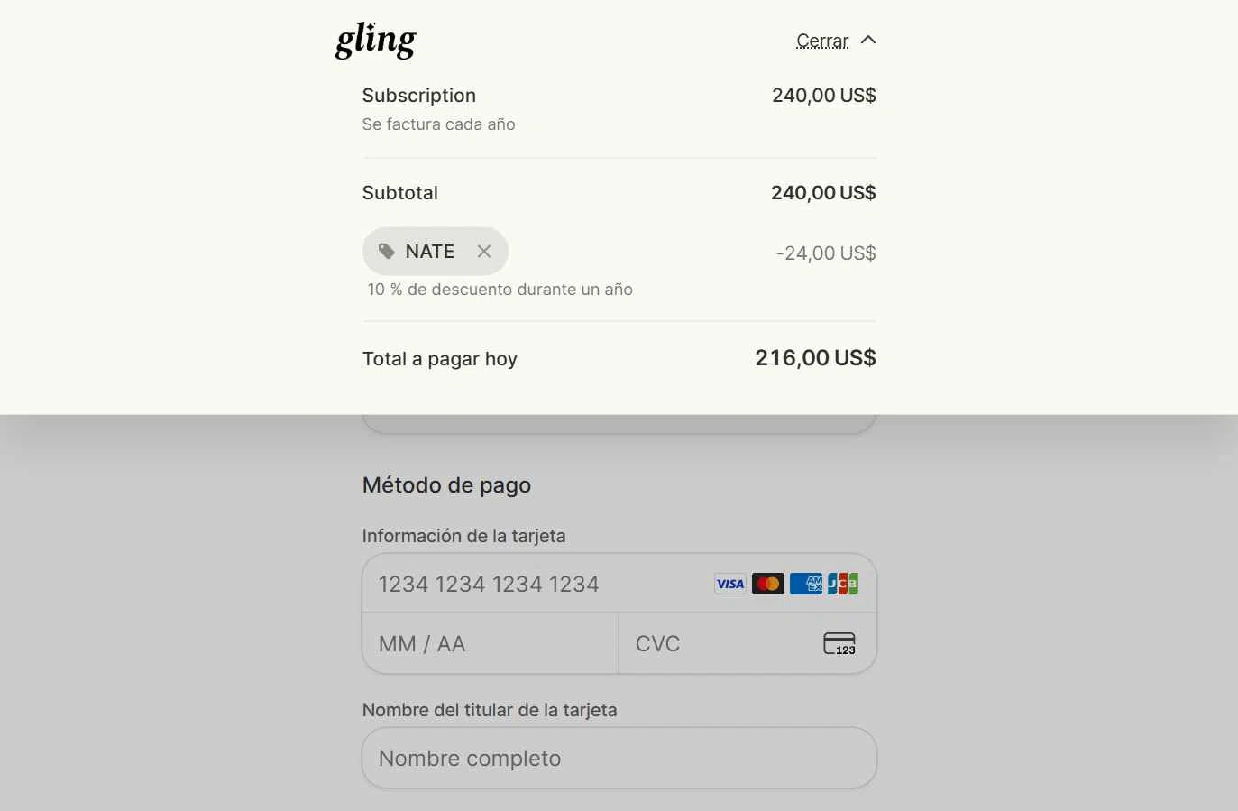 Gling checkout page showing Gling promo code box | Screenshot taken by SimplyCodes community member on Jan 2, 2026