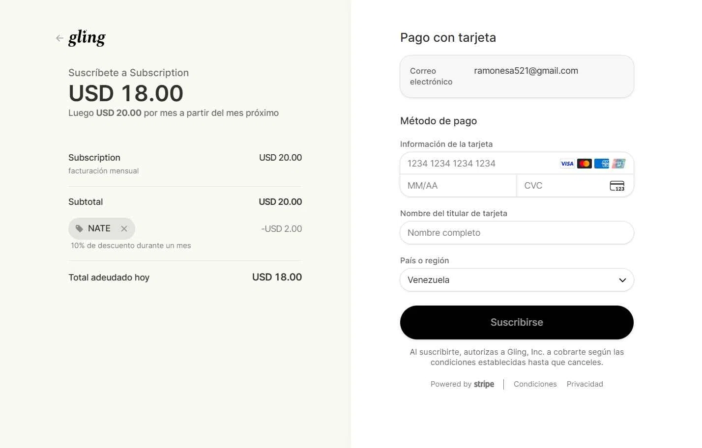 Gling checkout page showing Gling promo code box | Screenshot taken by SimplyCodes community member on Jan 20, 2026