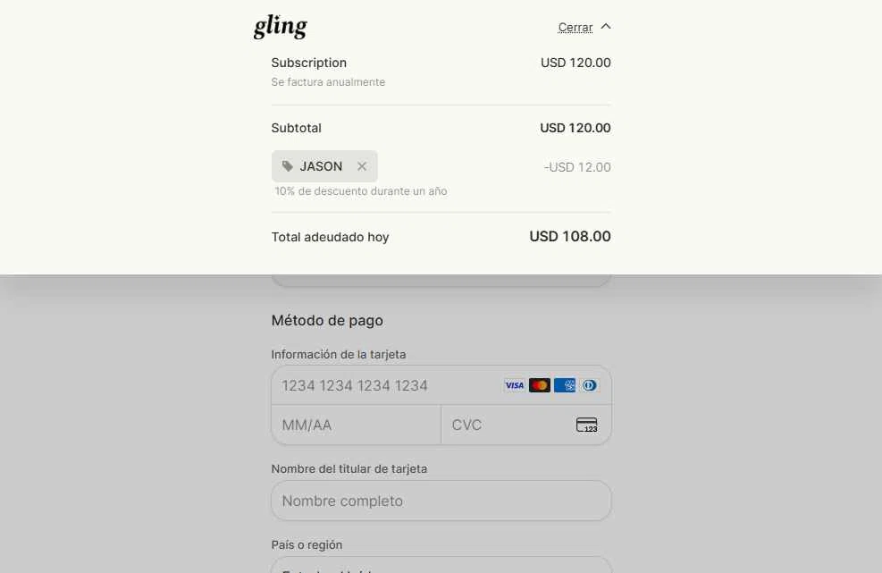Gling checkout page showing Gling promo code box | Screenshot taken by SimplyCodes community member on Oct 17, 2025