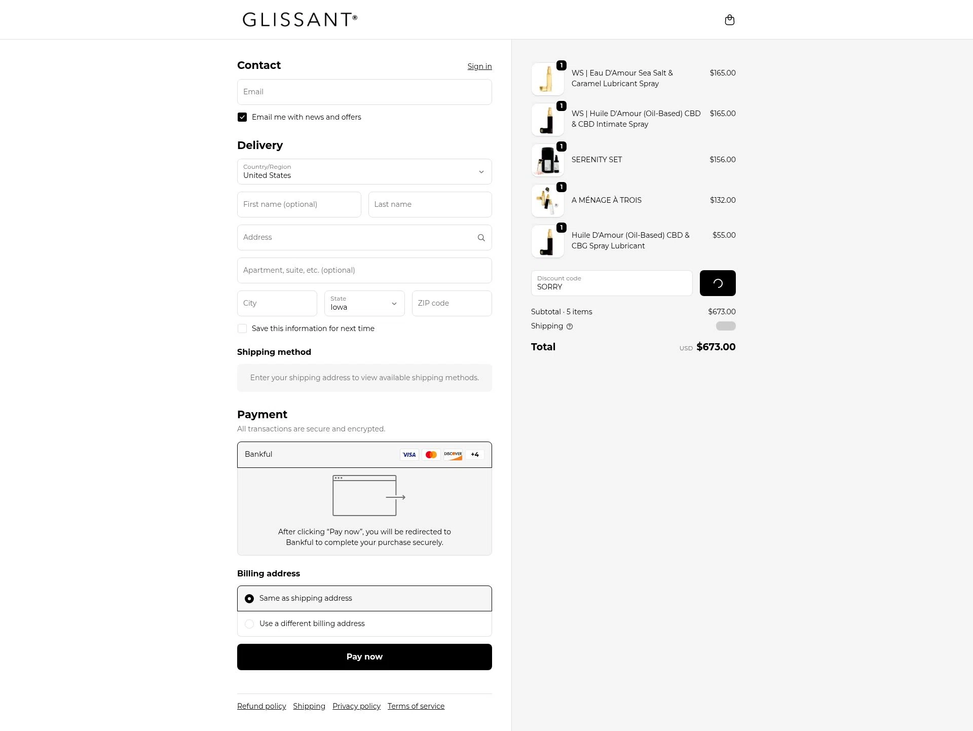 Glissant checkout page showing Glissant promo code box | Screenshot taken by SimplyCodes community member on Jan 2, 2026
