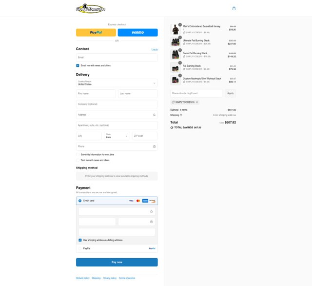 Global Formulas checkout page showing Global Formulas discount code box | Screenshot taken by SimplyCodes community member on Sep 8, 2025