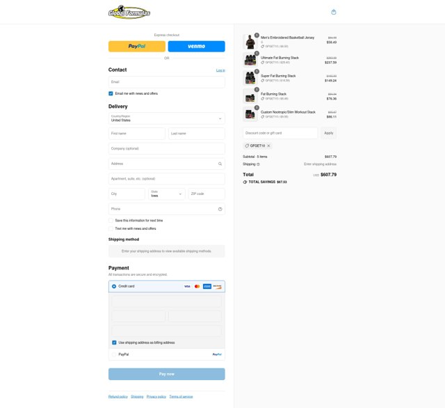 Global Formulas checkout page showing Global Formulas discount code box | Screenshot taken by SimplyCodes community member on Aug 30, 2025