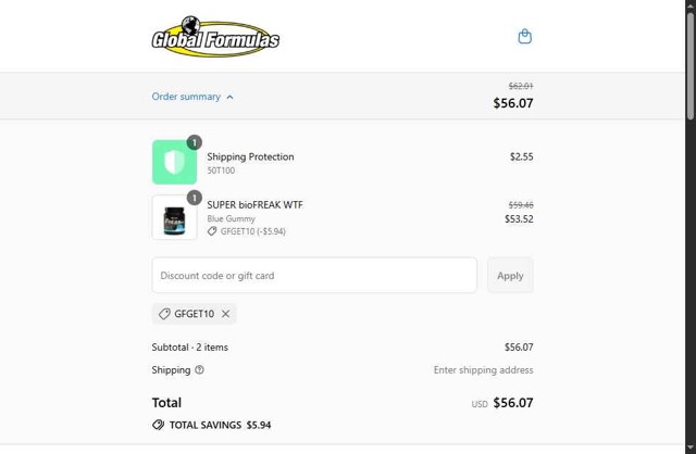 Global Formulas checkout page showing Global Formulas discount code box | Screenshot taken by SimplyCodes community member on Sep 4, 2025
