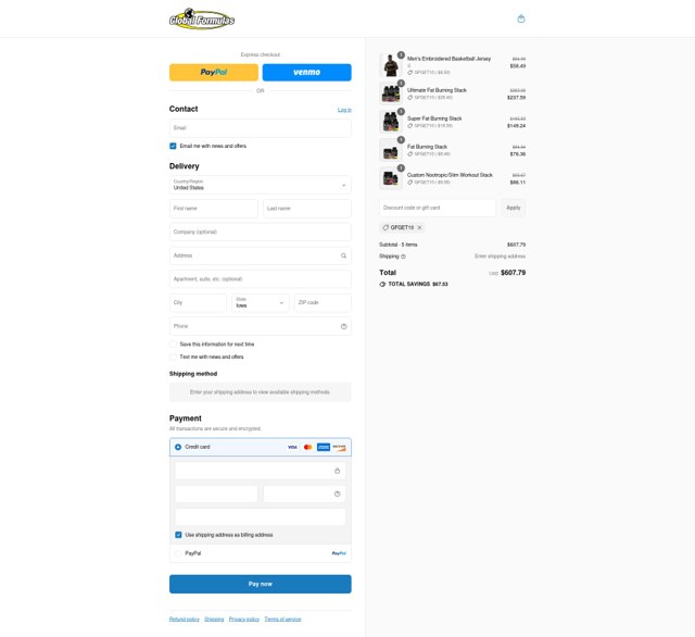 Global Formulas checkout page showing Global Formulas discount code box | Screenshot taken by SimplyCodes community member on Sep 8, 2025