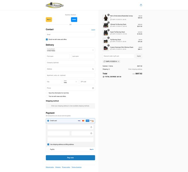 Global Formulas checkout page showing Global Formulas discount code box | Screenshot taken by SimplyCodes community member on Aug 30, 2025